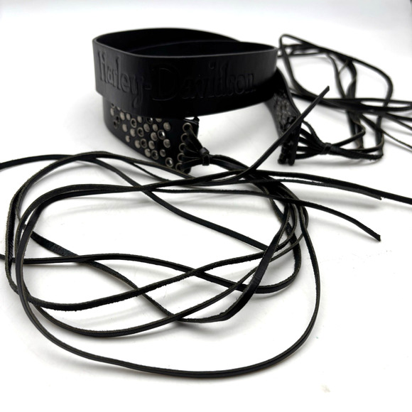2004 Harley Davidson Black Genuine Leather Studded Logo Tassel Belt L 36.5-56.5\